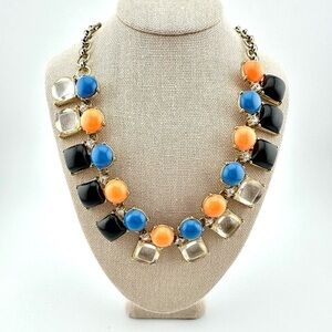J. Crew Coral, Blue & Black Cabochon Stones with Rhinestones Statement Necklace
